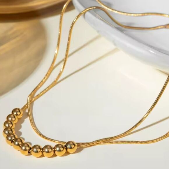 New 18k Gold Ss Double Snake Chain Anklet / Bracelet with Gold Beaded Detail - Picture 4 of 10